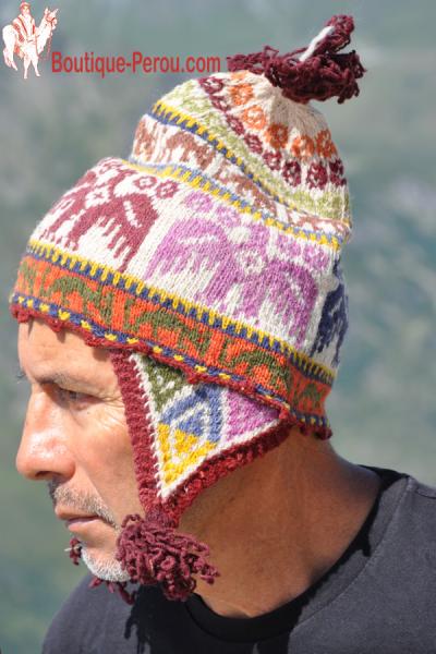 Bonnet péruvien Quechua. Bonnet péruvien original. Bonnet péruvien en laine  d'alpaga. Bonnet peruvien homme ou femme