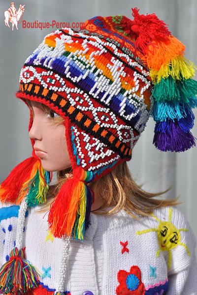 Bonnet péruvien enfant d'Ocongate, motifs roses - Bonnets péruviens - ENFANT  - Boutique Pérou