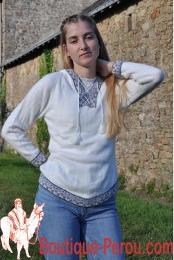 Pull péruvien blanc Ausangate, manches longues et capuche