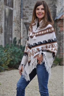 Poncho alpaga femme taille unique, motifs andins, pièce unique