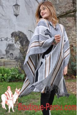 Poncho Altiplano femme avec capuche couleur gris à rayures